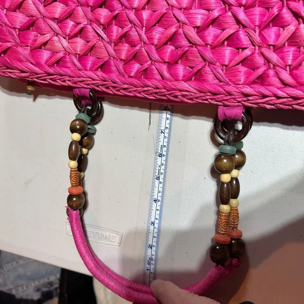 NWT Barney’s NY Pink Straw‎ Beaded Handle Tote Bag